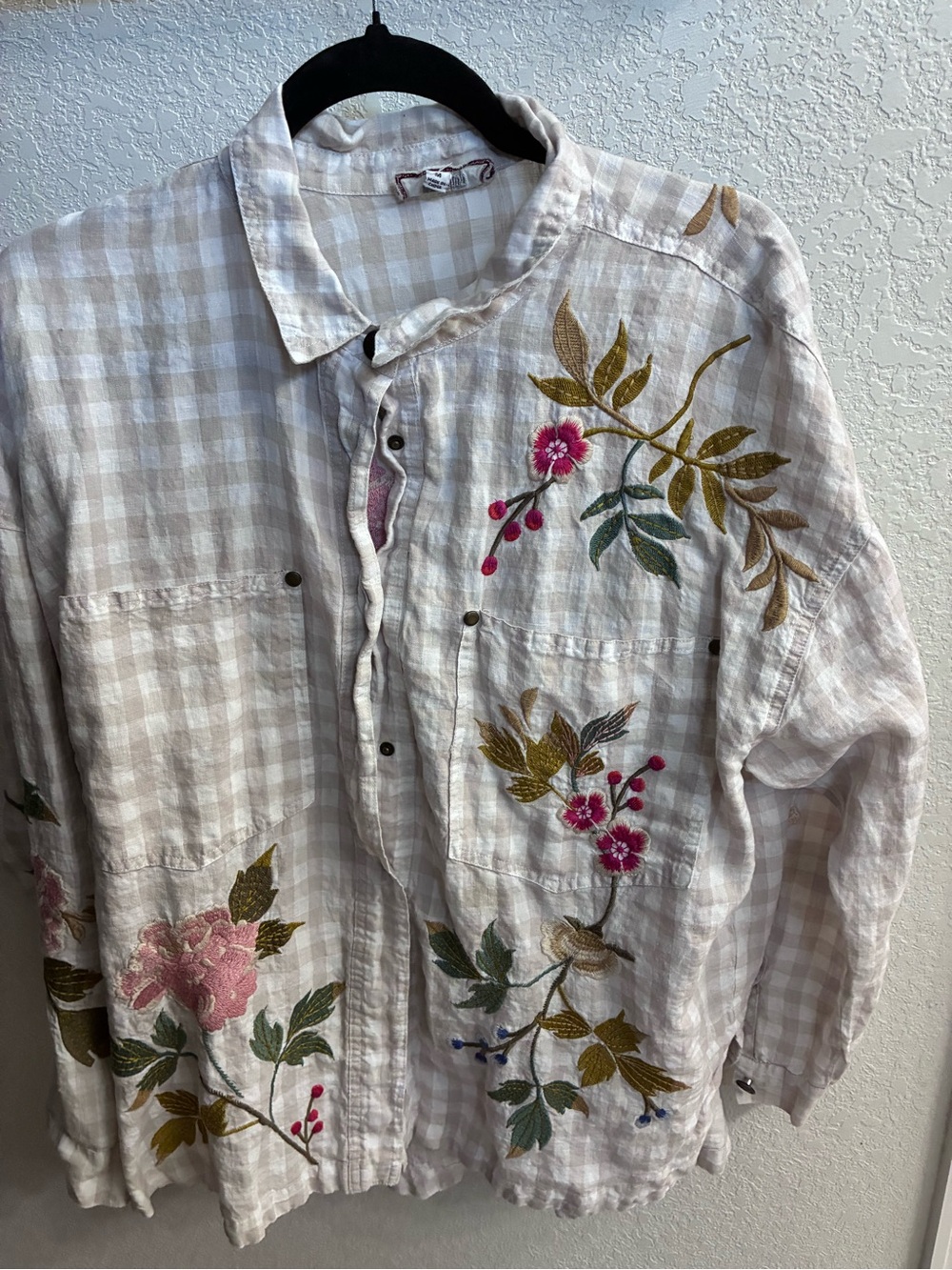 Johnny Was Beige Check Embroidered Floral Linen Button-Down